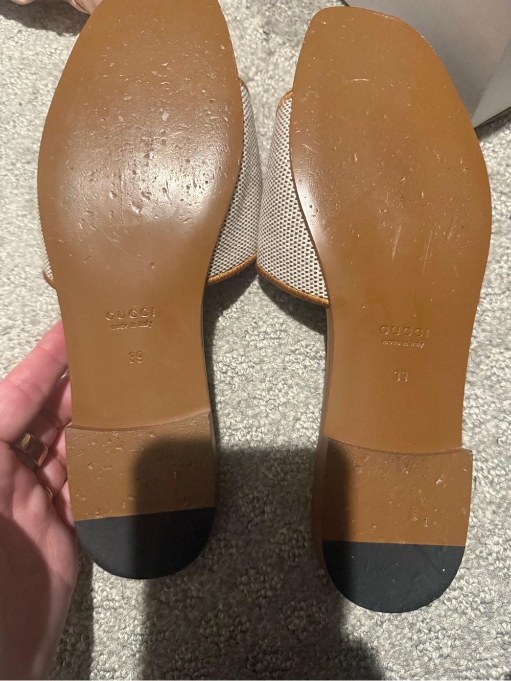 Gucci Brown Leather Logo Slide Sandals with Woven Upper - Picture 11 of 11